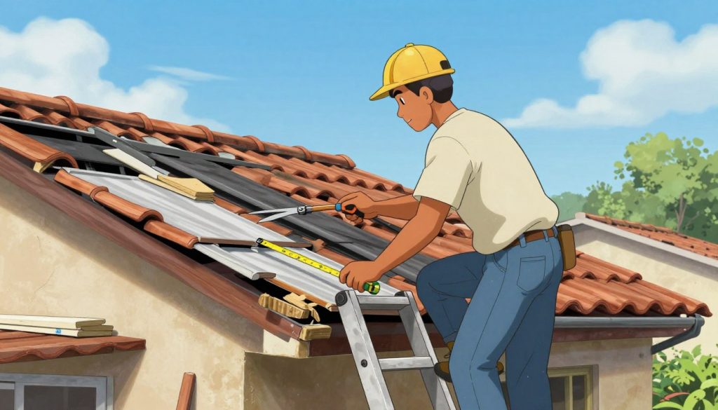 A skilled technician inspecting a damaged roof in Puerto Rico during the day, focused on the urgency of repairs. In the foreground, a professional worker in modest casual clothing is using roofing tools, such as a ladder and a measuring tape. The middle ground features a partially repaired roof with tiles and materials scattered around, showcasing the repair process. In the background, bright blue skies enhance the atmosphere of a clear day, symbolizing hope and immediate action. The lighting is natural and bright, casting soft shadows to emphasize the details of the job. The mood conveys urgency and dedication to restoring safety and comfort to homes swiftly.